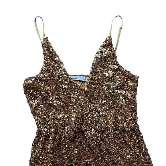 Zara gold sequins v neck maxi dress sleeveless size large disco wedding cocktail - Picture 8 of 11